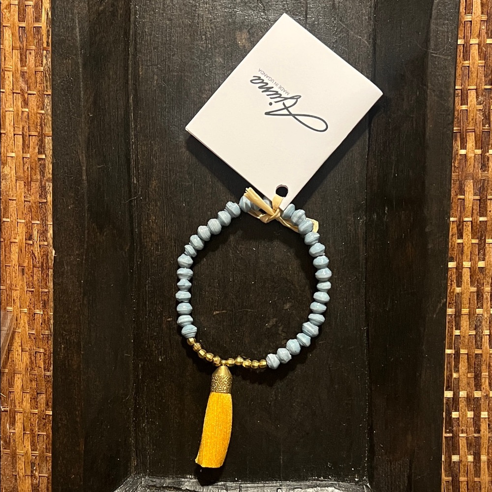 Ajuna Blue paper Beaded Tassel Bracelet - Yellow Tassel